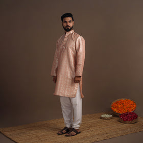 Peach Semi Silk Brocade Banarasi Men Kurta