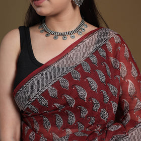 Red Block Print Natural Dyed Kota Doria Cotton Bagh Saree