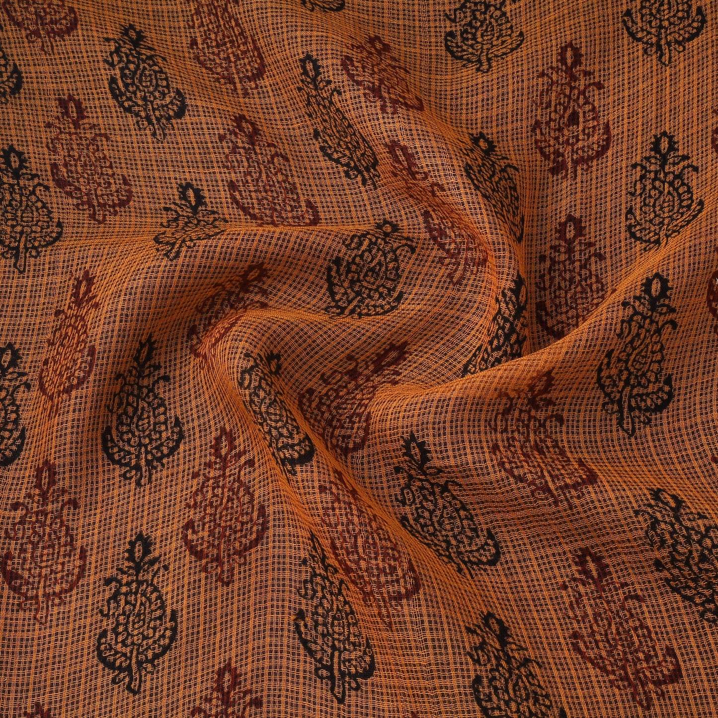 Orange - Kota Doria Cotton Natural Dyed Hand Block Bagh Print Fabric 04