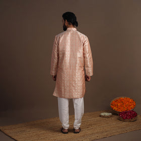 Peach Semi Silk Brocade Banarasi Men Kurta