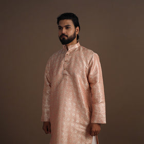 Peach Semi Silk Brocade Banarasi Men Kurta
