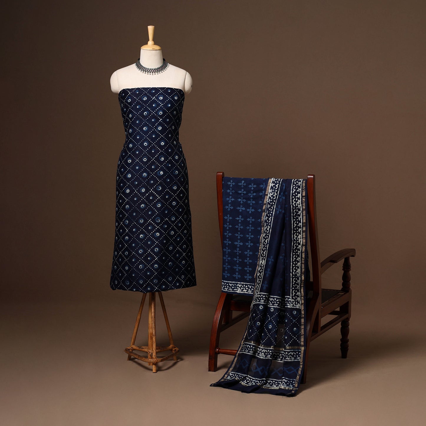 Blue - 3pc chanderi silk unstitched indigo bagru dress