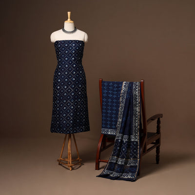 Blue - 3pc chanderi silk unstitched indigo bagru dress