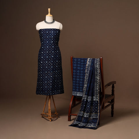 Blue - 3pc chanderi silk unstitched indigo bagru dress