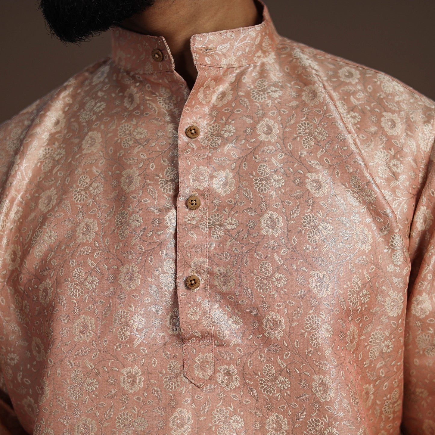 Peach Semi Silk Brocade Banarasi Men Kurta