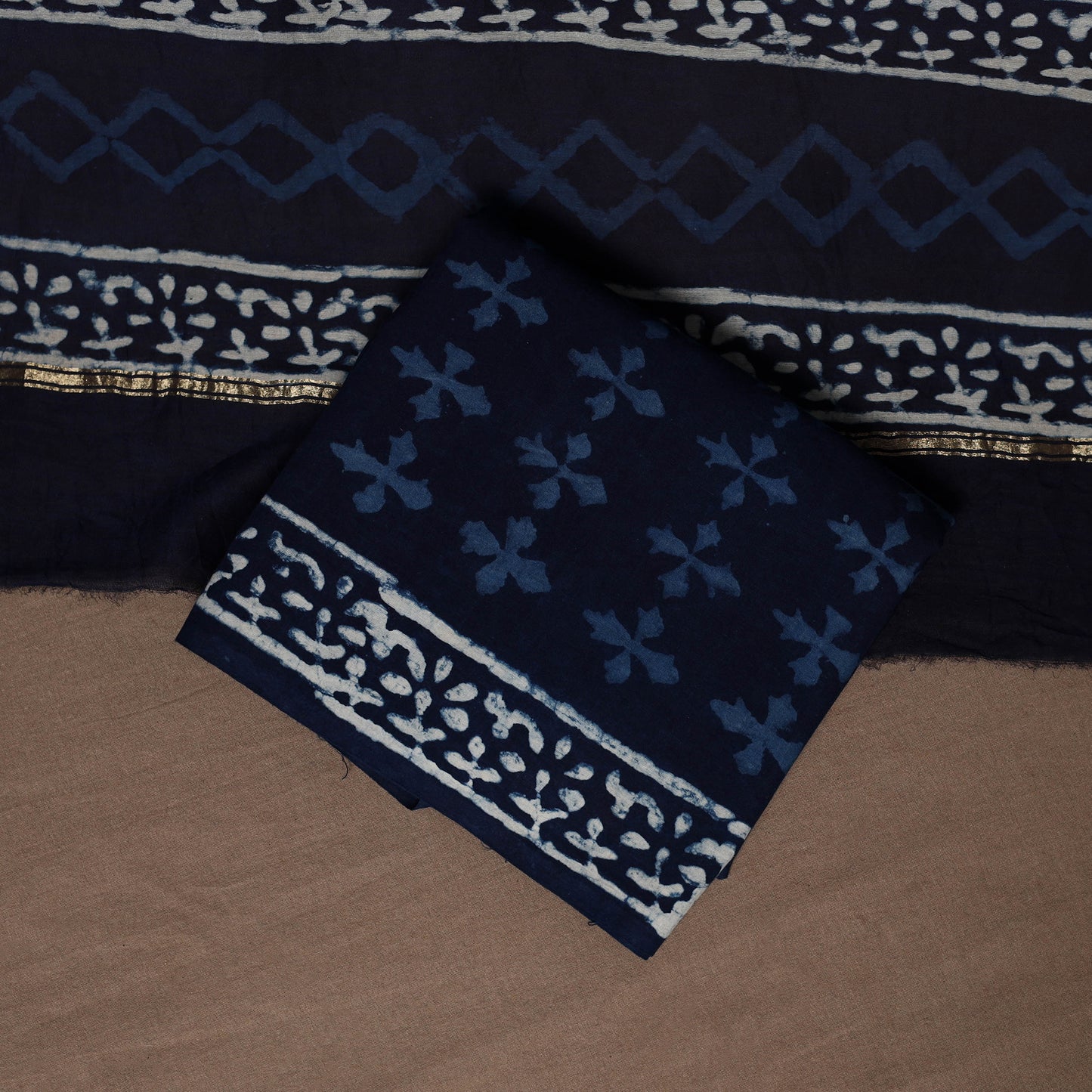 Blue - 3pc chanderi silk unstitched indigo bagru dress