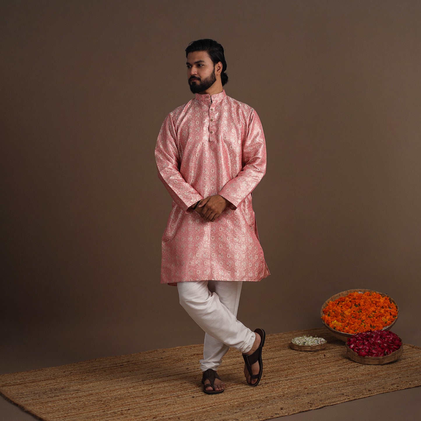 Pink Semi Silk Brocade Banarasi Men Kurta
