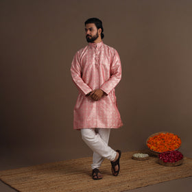 Pink Semi Silk Brocade Banarasi Men Kurta