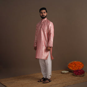 Pink Semi Silk Brocade Banarasi Men Kurta