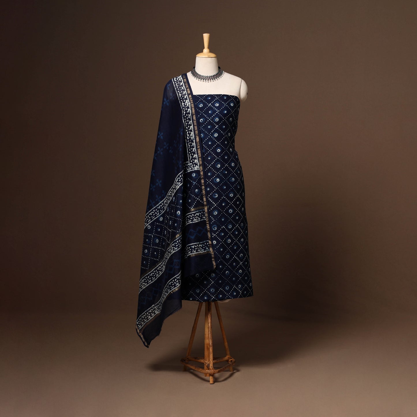 Blue - 3pc chanderi silk unstitched indigo bagru dress