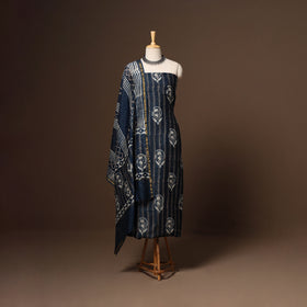 Blue - 3pc chanderi silk unstitched indigo bagru dress