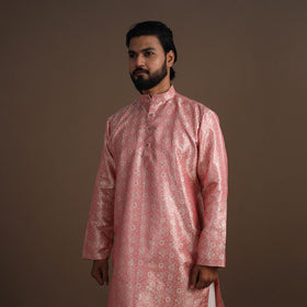 Pink Semi Silk Brocade Banarasi Men Kurta