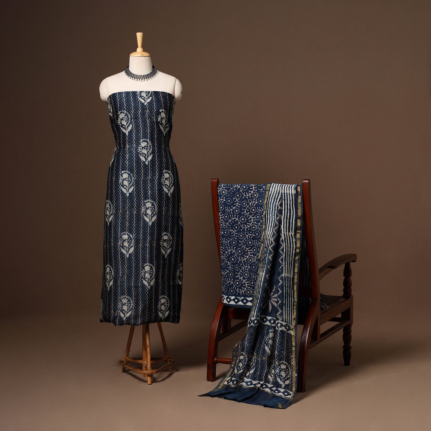 Blue - 3pc chanderi silk unstitched indigo bagru dress