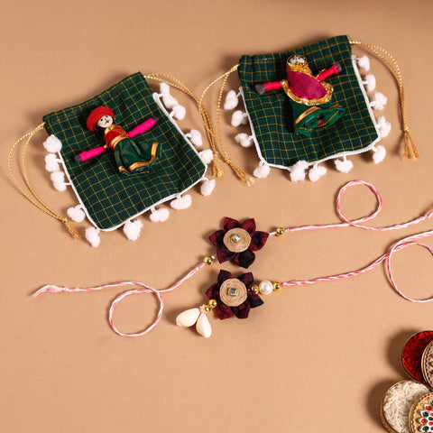 Handmade Fabric Flower Jute Rakhi & Lumba Set 