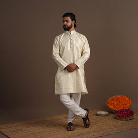 Beige Semi Silk Brocade Banarasi Men Kurta