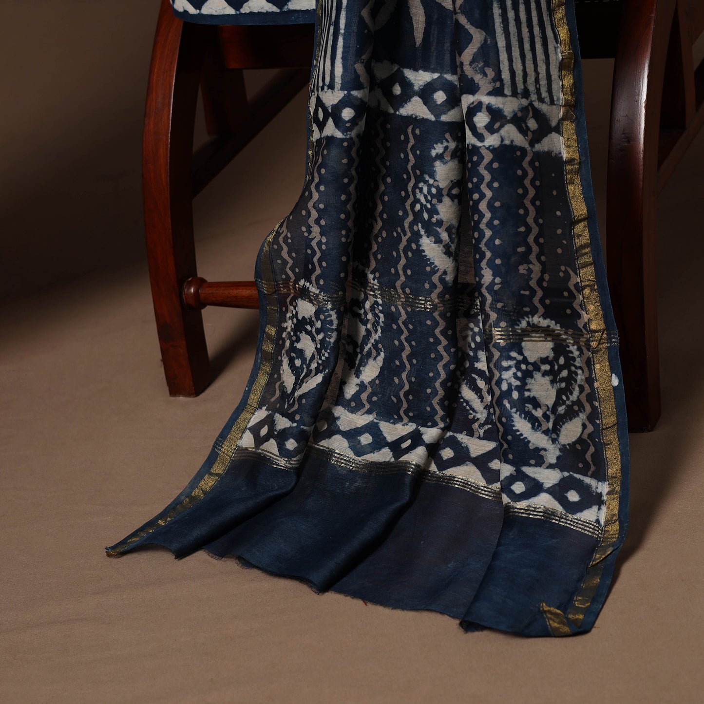 Blue - 3pc chanderi silk unstitched indigo bagru dress