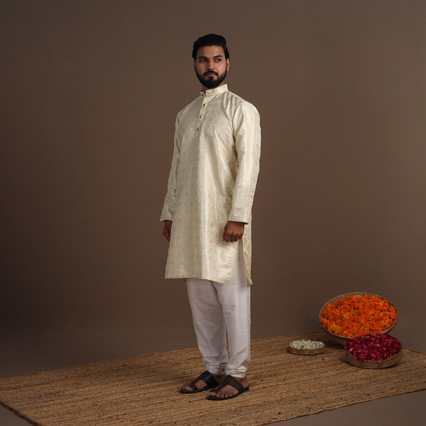 Beige Semi Silk Brocade Banarasi Men Kurta