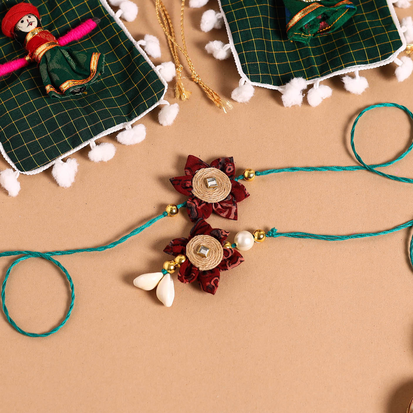  Handmade Fabric Flower Jute Rakhi & Lumba Set 