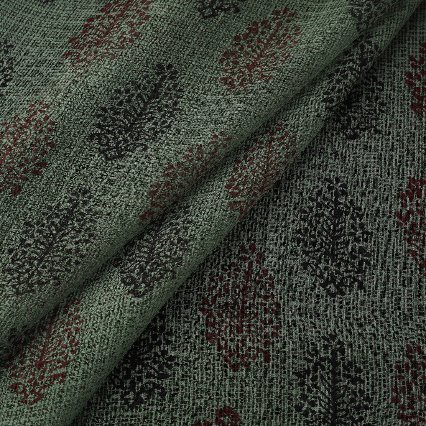 Green - Kota Doria Cotton Natural Dyed Hand Block Bagh Print Fabric 09
