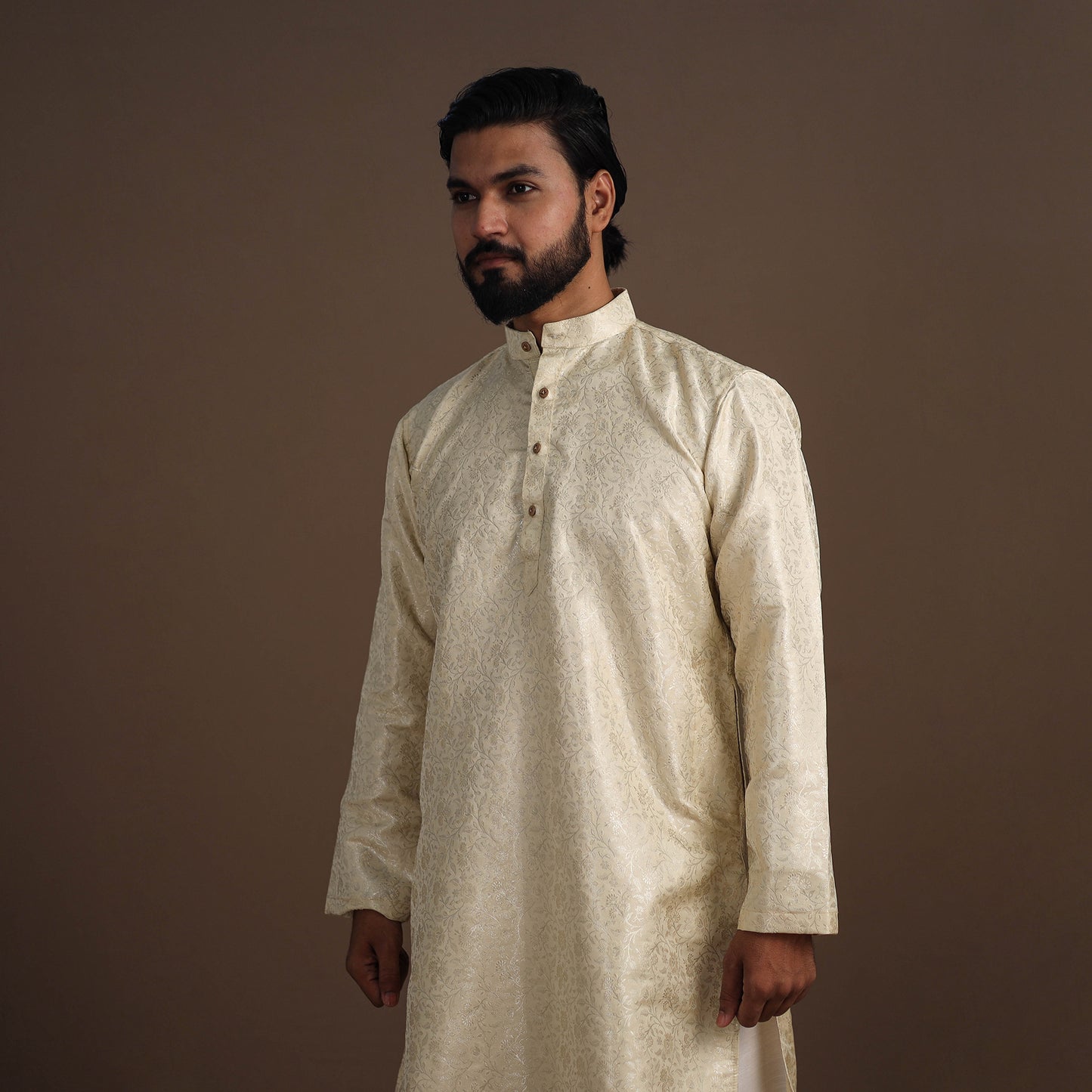 Beige Semi Silk Brocade Banarasi Men Kurta