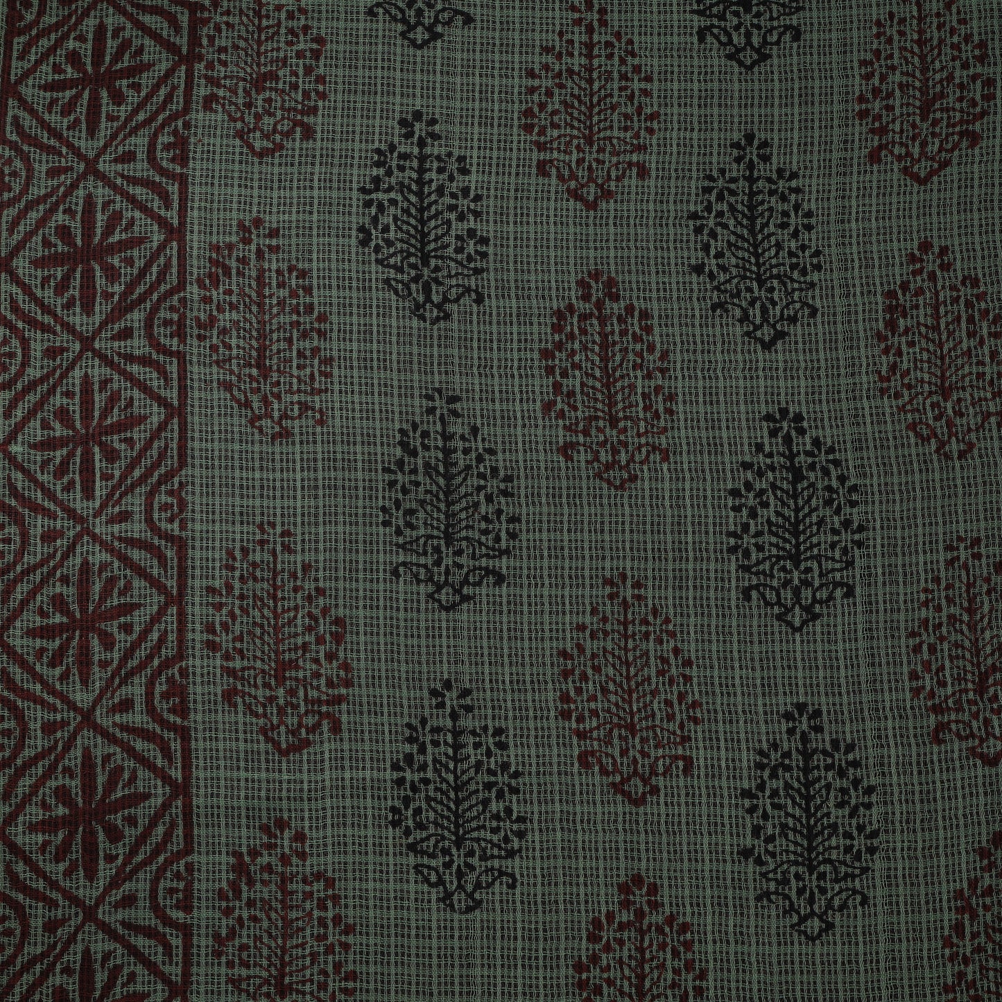 Green - Kota Doria Cotton Natural Dyed Hand Block Bagh Print Fabric 09