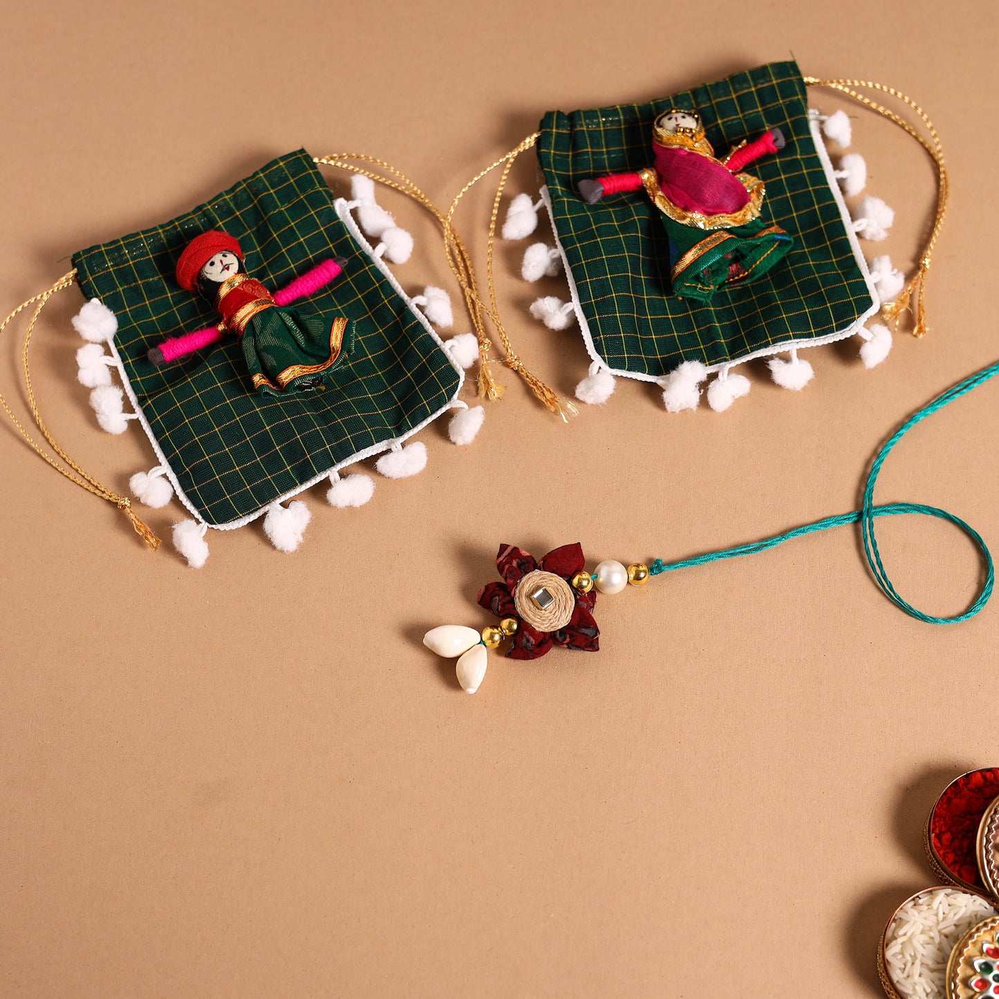  Handmade Fabric Flower Jute Rakhi & Lumba Set 