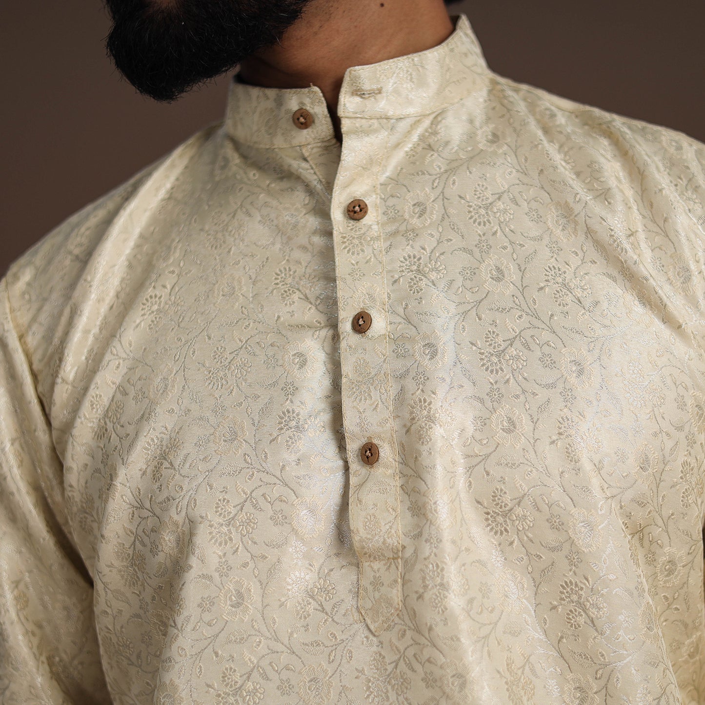 Beige Semi Silk Brocade Banarasi Men Kurta