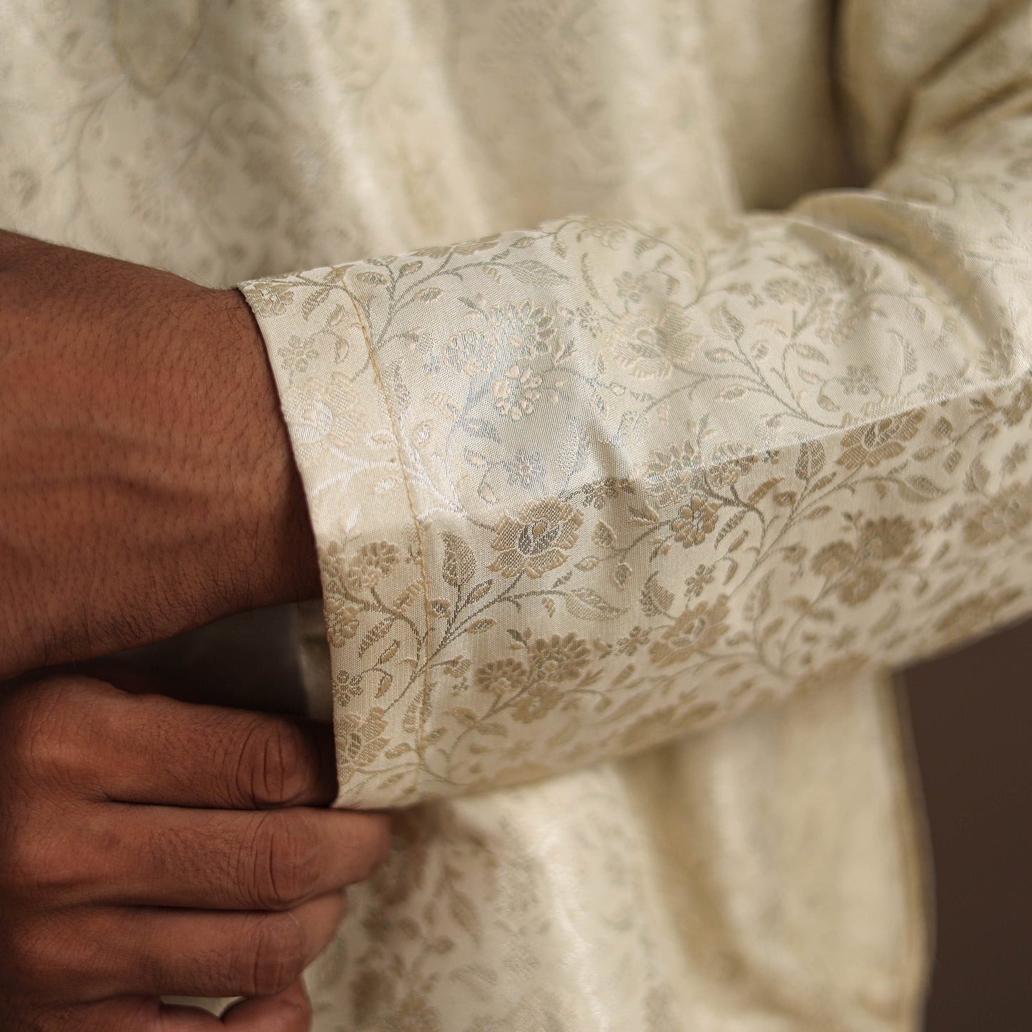 Beige Semi Silk Brocade Banarasi Men Kurta