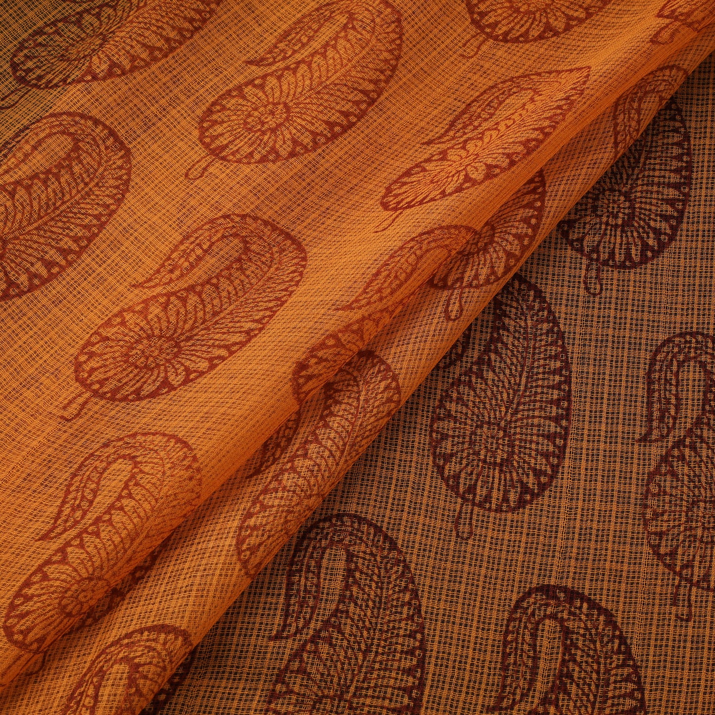 Orange - Kota Doria Cotton Natural Dyed Hand Block Bagh Print Fabric 10