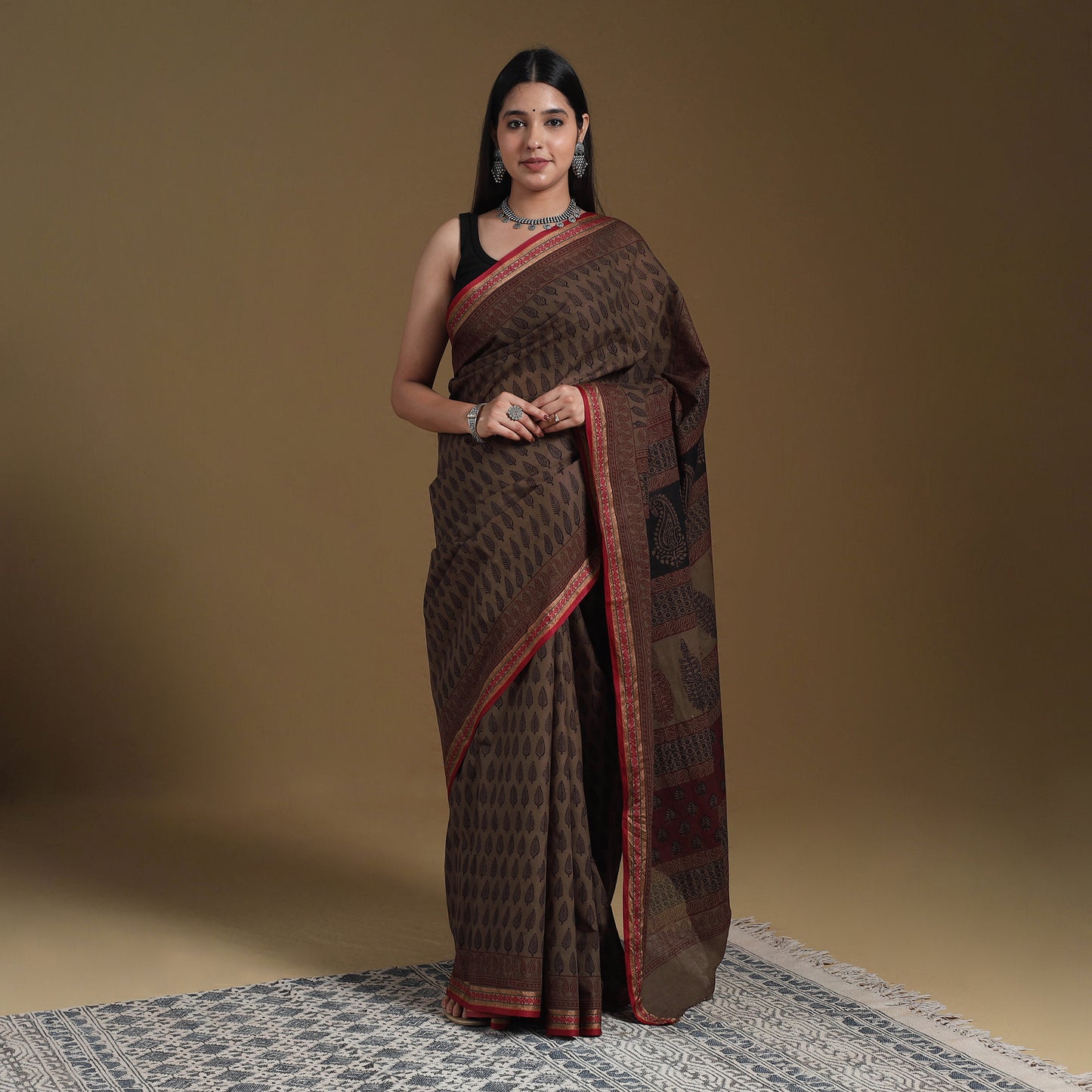 Brown - natural dyed cotton bagh saree 07 - handcrafted