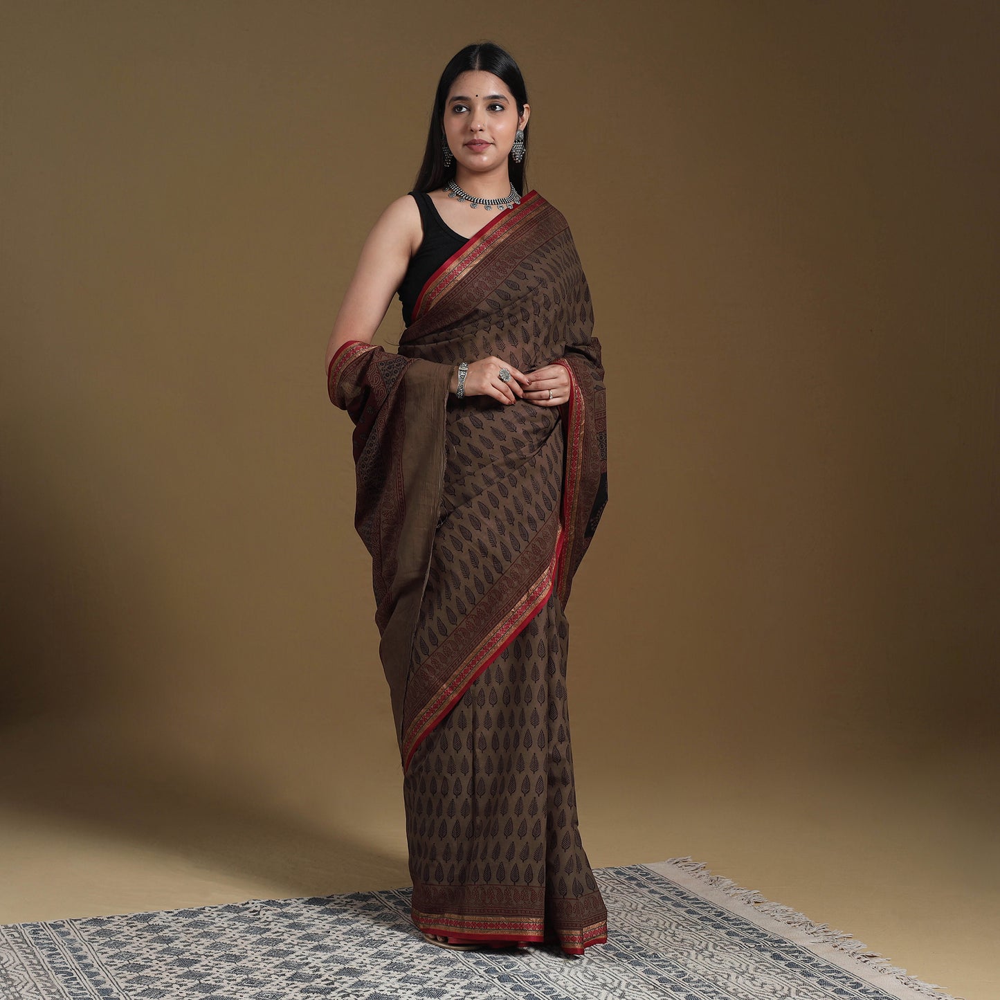 Brown - natural dyed cotton bagh saree 07 - handcrafted