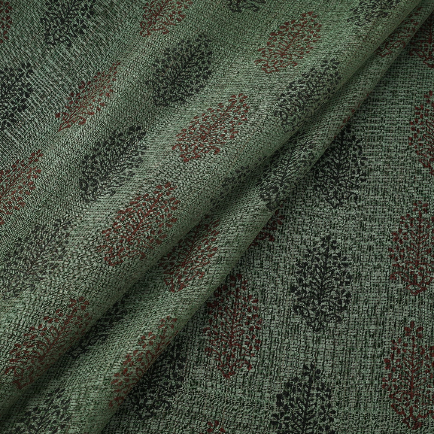 Green - Kota Doria Cotton Natural Dyed Hand Block Bagh Print Fabric 13