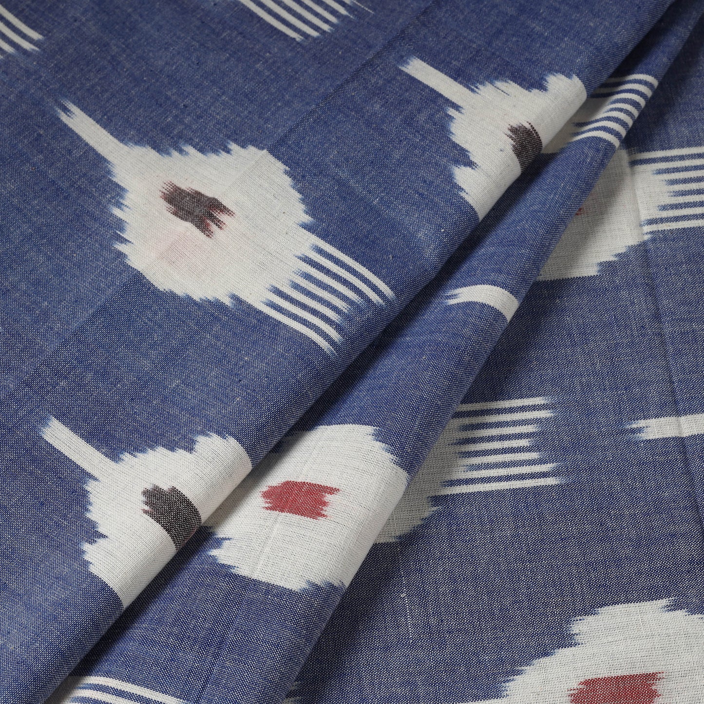 Blue - White Butta Pattern Pochampally Central Asian Ikat Cotton Handloom Fabric