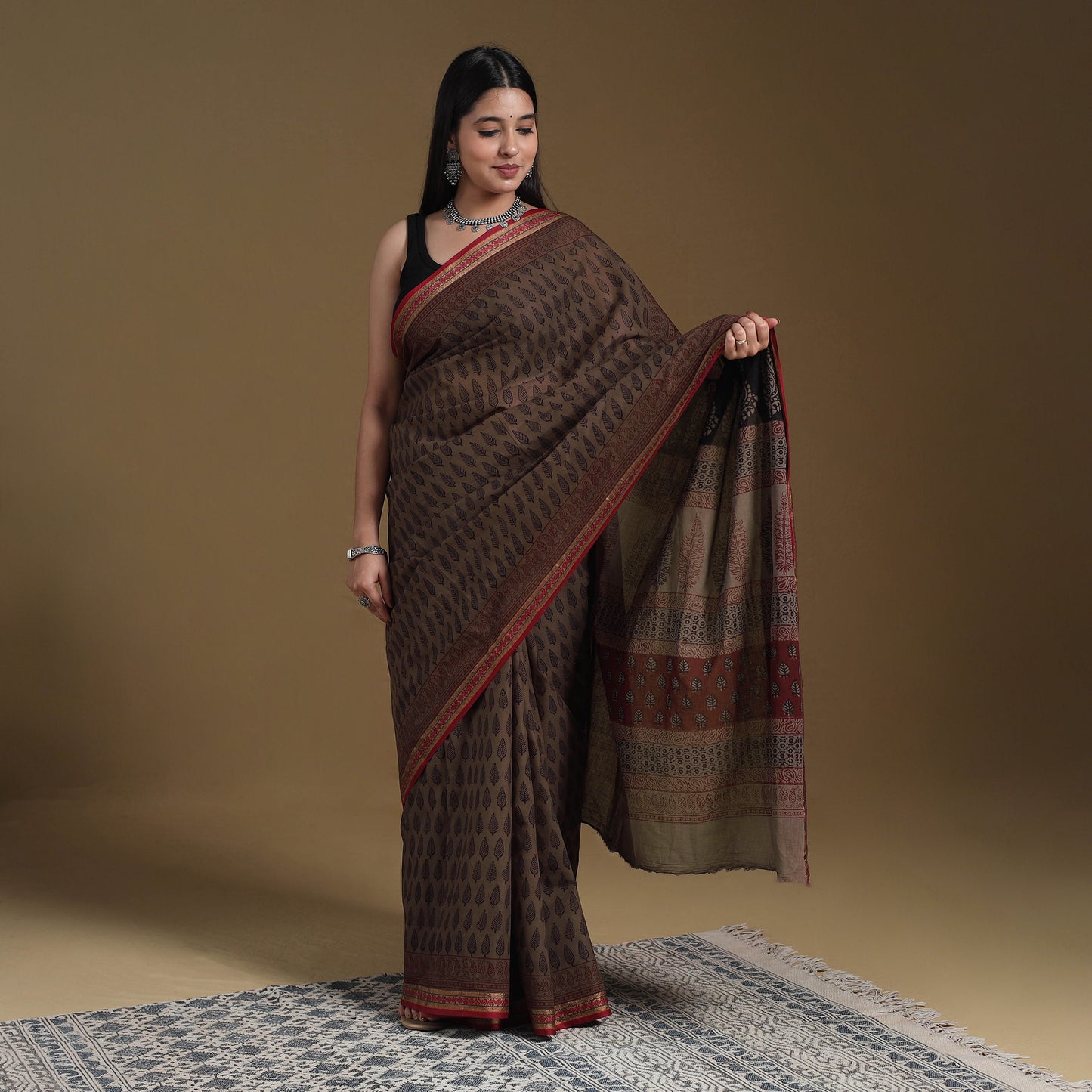 Brown - natural dyed cotton bagh saree 07 - handcrafted