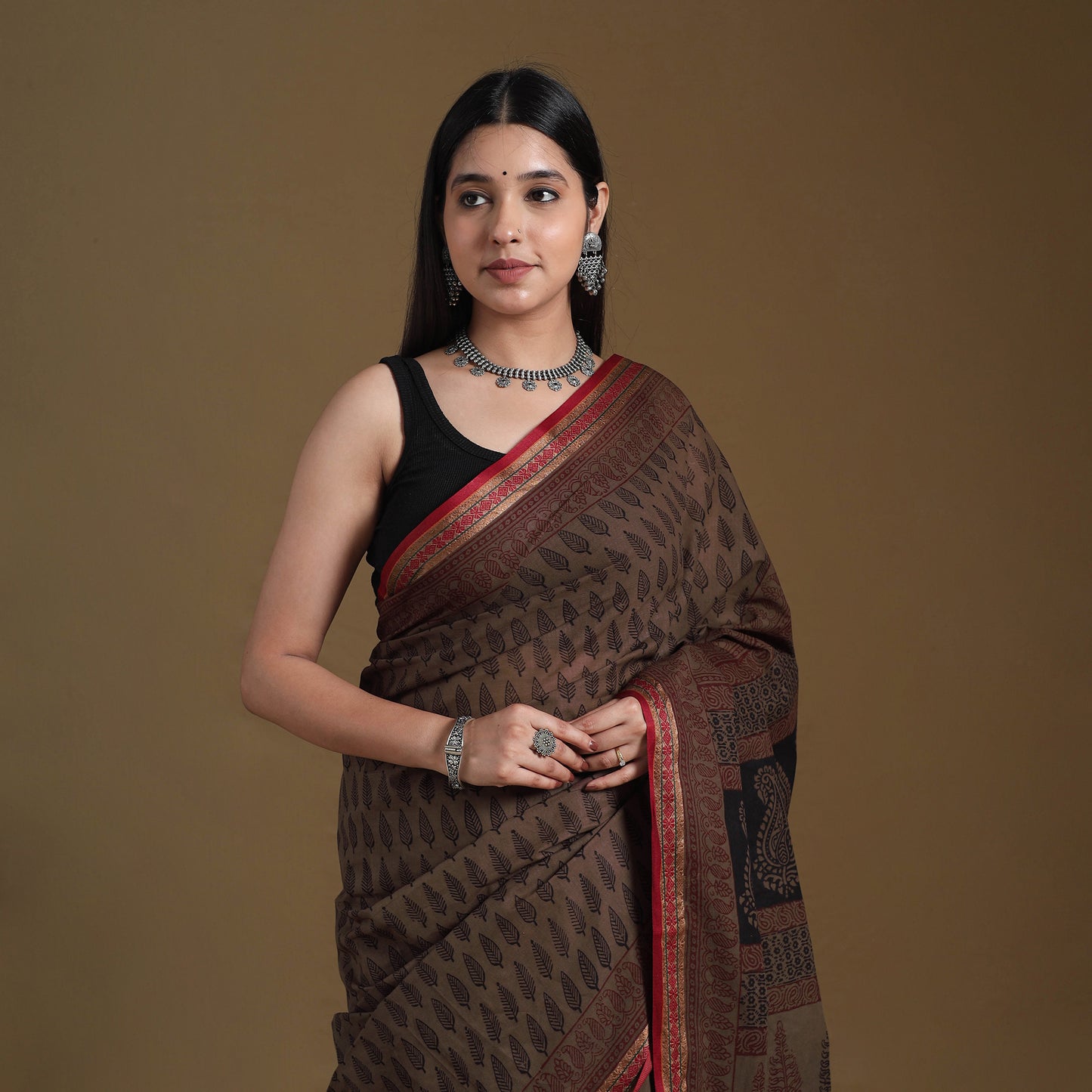 Brown - natural dyed cotton bagh saree 07 - handcrafted