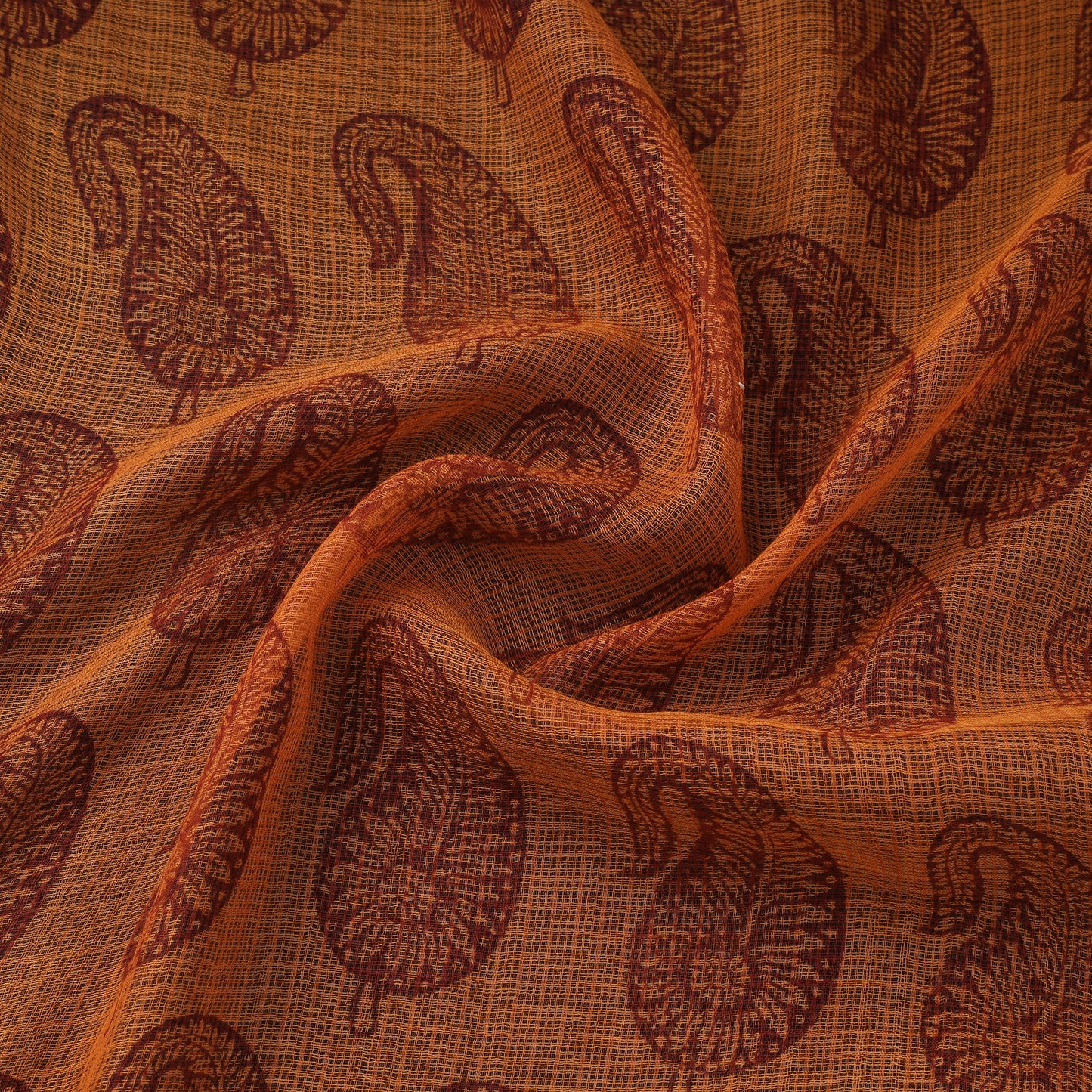 Orange - Kota Doria Cotton Natural Dyed Hand Block Bagh Print Fabric 14