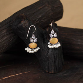 Yellow - antique silver finish oxidised stone work earrings