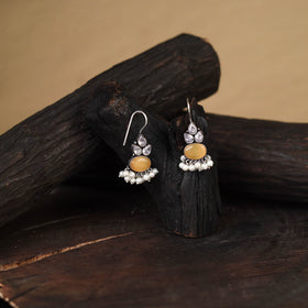 Yellow - antique silver finish oxidised stone work earrings
