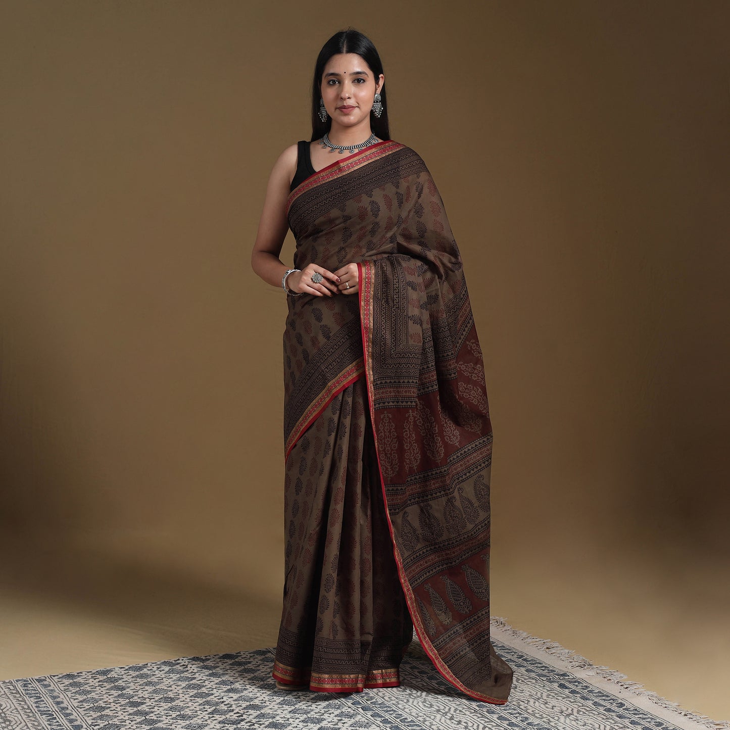 Brown - natural dyed cotton bagh saree 09 - handcrafted
