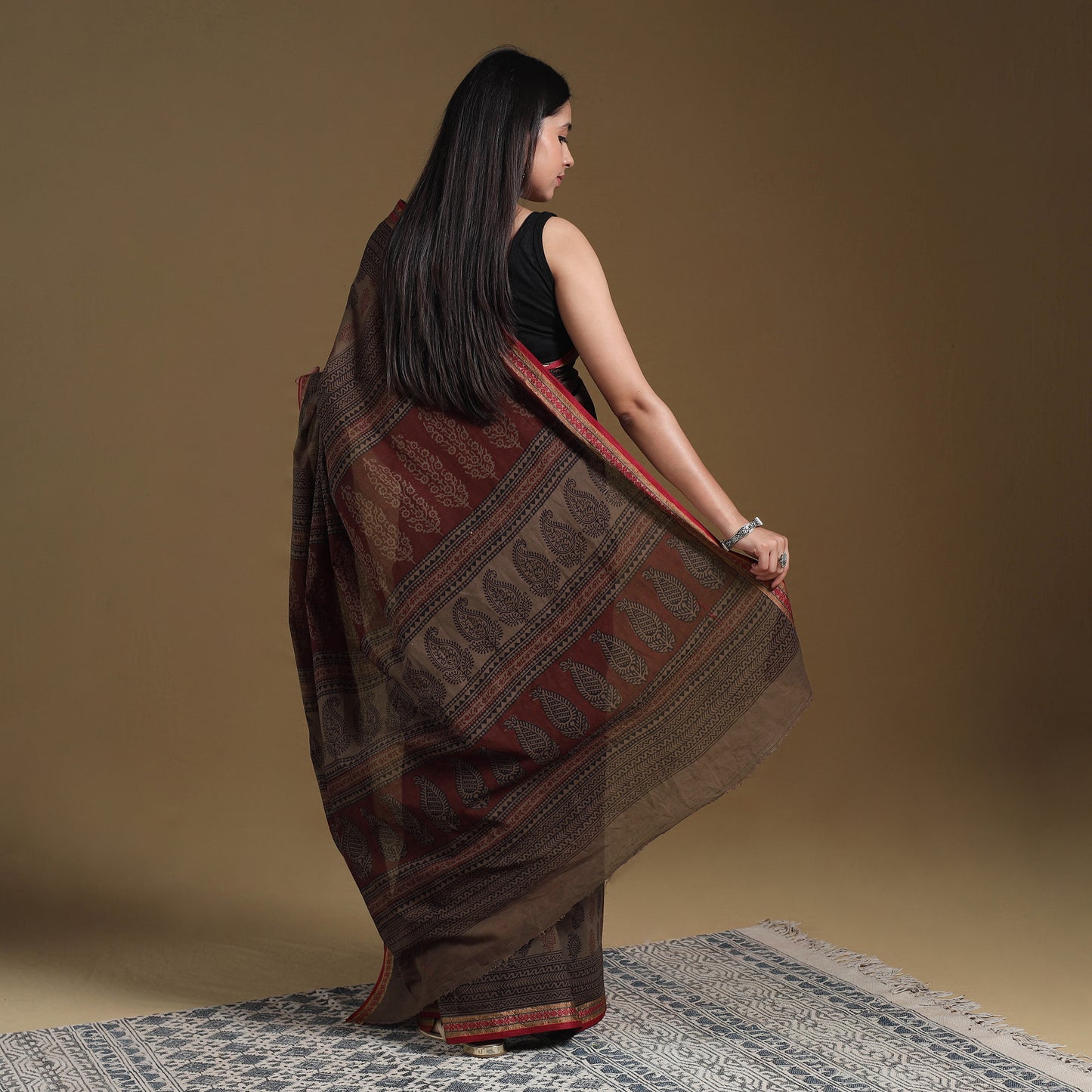 Brown - natural dyed cotton bagh saree 09 - handcrafted