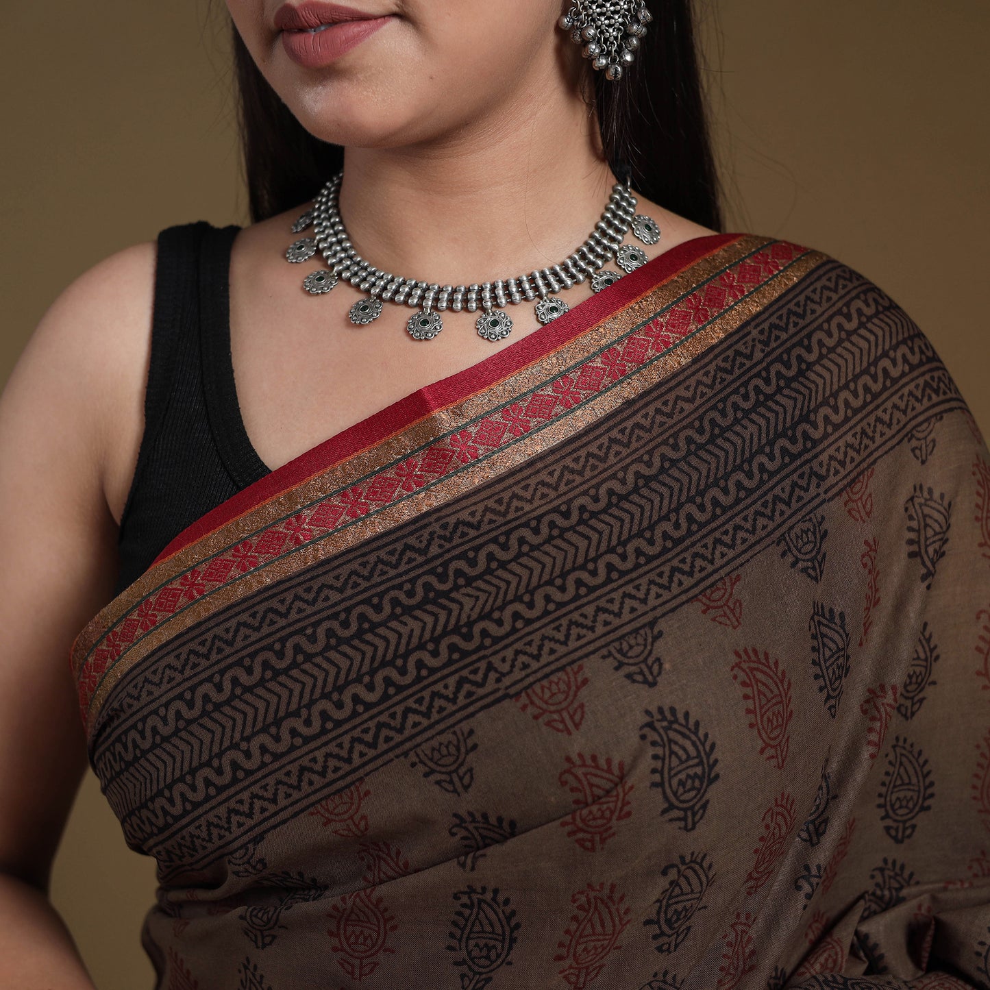 Brown - natural dyed cotton bagh saree 09 - handcrafted