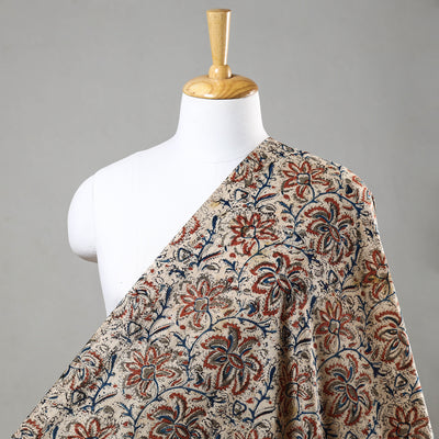 Beige Block Print Cotton Kalamkari Fabric