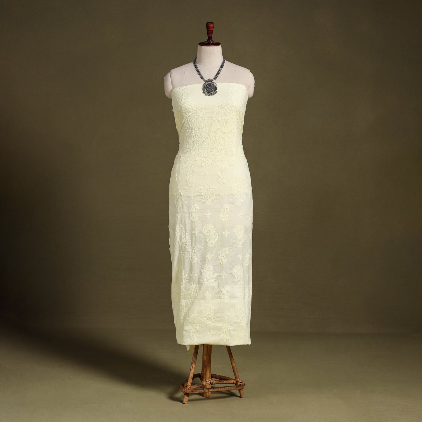 Yellow Chikankari Hand Embroidery Mul Cotton Kurta Material 