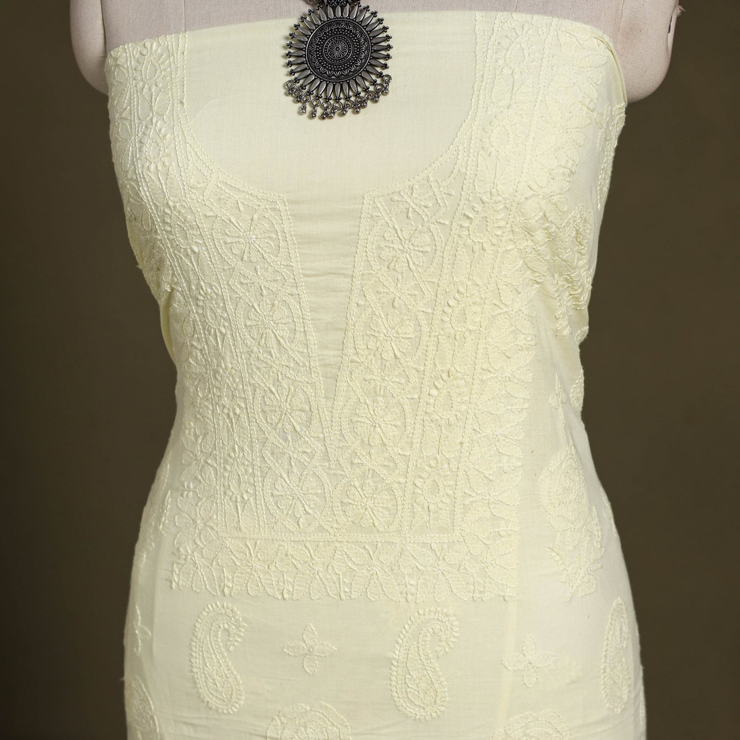 Yellow Chikankari Hand Embroidery Mul Cotton Kurta Material 