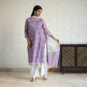 Purple - kota doria cotton sanganeri kurta set (set of 3)