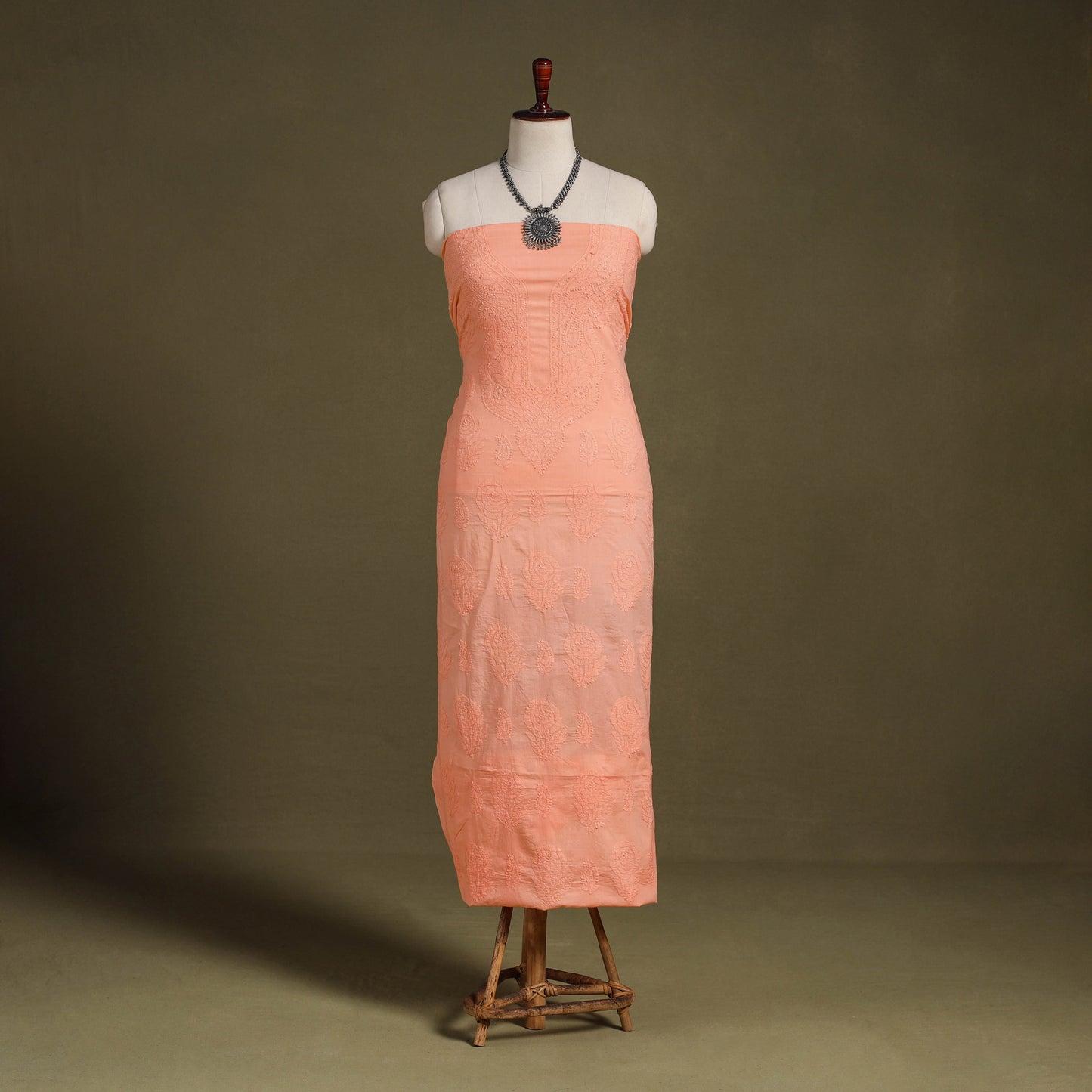 Peach Chikankari Hand Embroidery Mul Cotton Kurta Material 