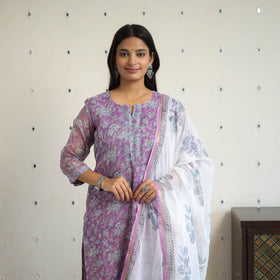 Purple - kota doria cotton sanganeri kurta set (set of 3)