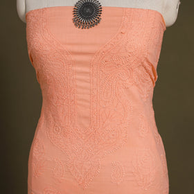 Peach Chikankari Hand Embroidery Mul Cotton Kurta Material 