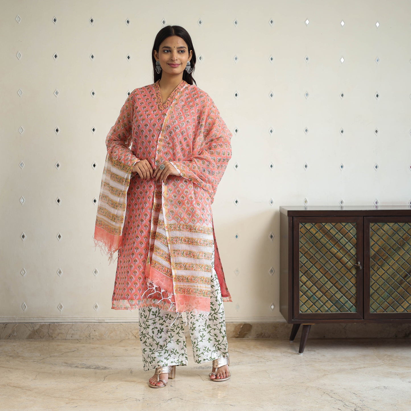 Peach Block Print Kota Doria Cotton Sanganeri Kurta Set (Set of 3) 