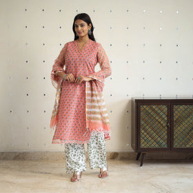 Peach Block Print Kota Doria Cotton Sanganeri Kurta Set (Set of 3) 